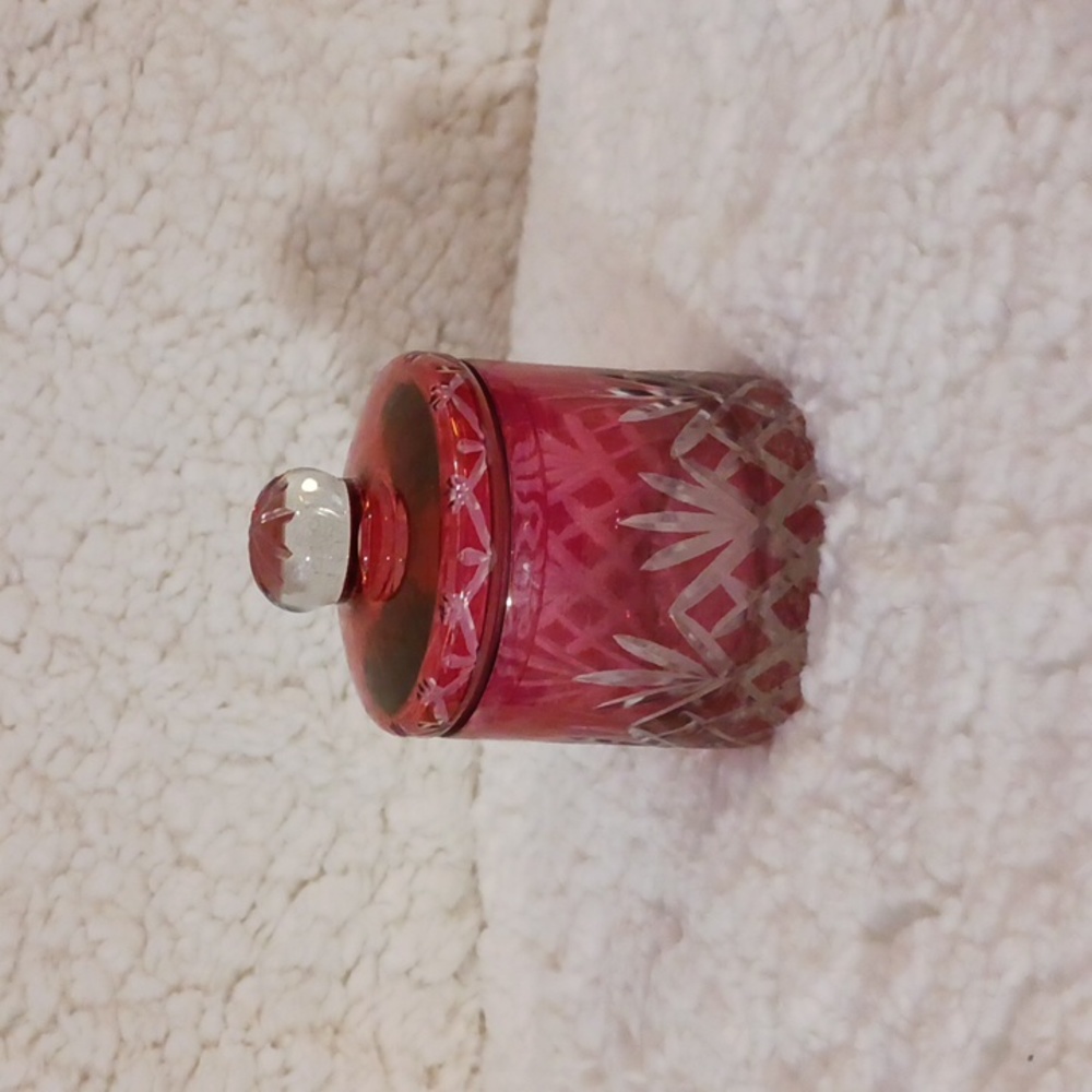 Antique Cut to clear Powder Jar Cranberry sunburst pattern